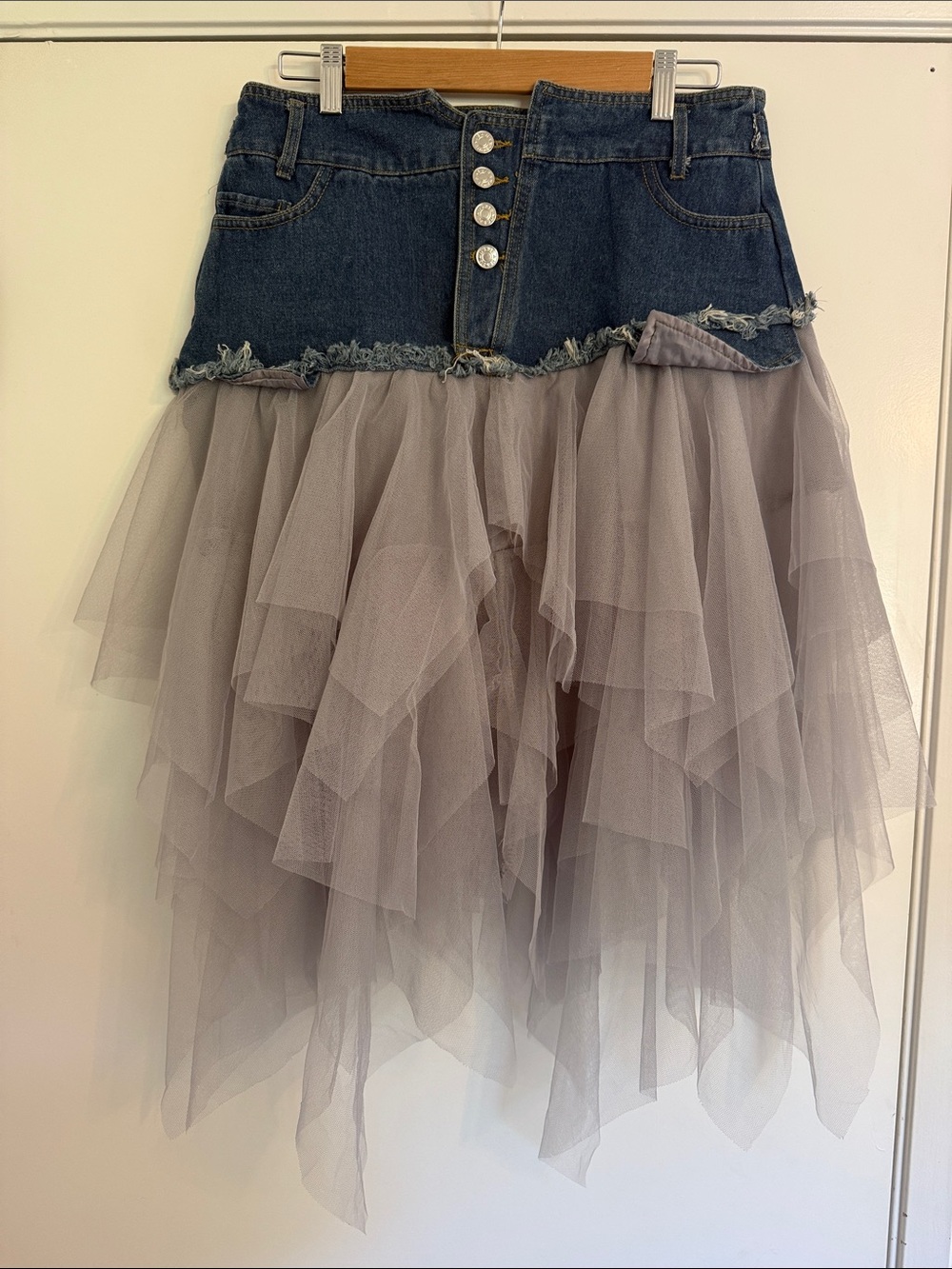 Missacc Denim Waist Grey Tulle Layered Skirt